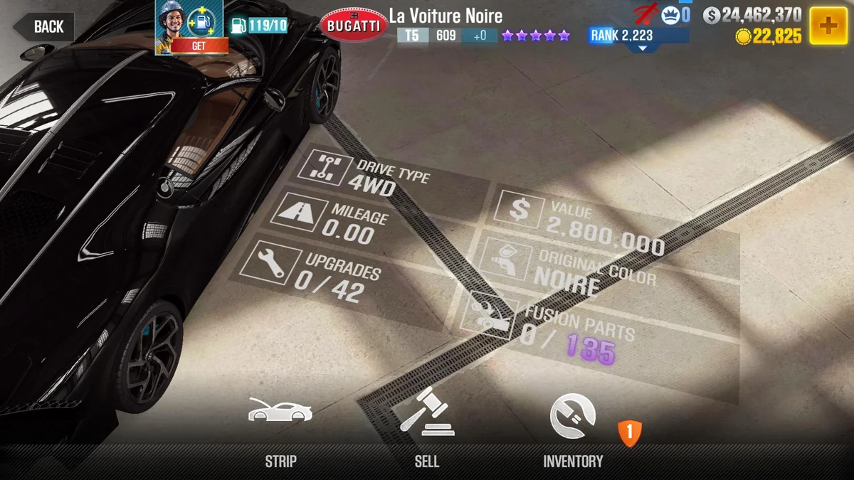 Bugatti La Voiture Noire CSR2 fusion parts and tune setup