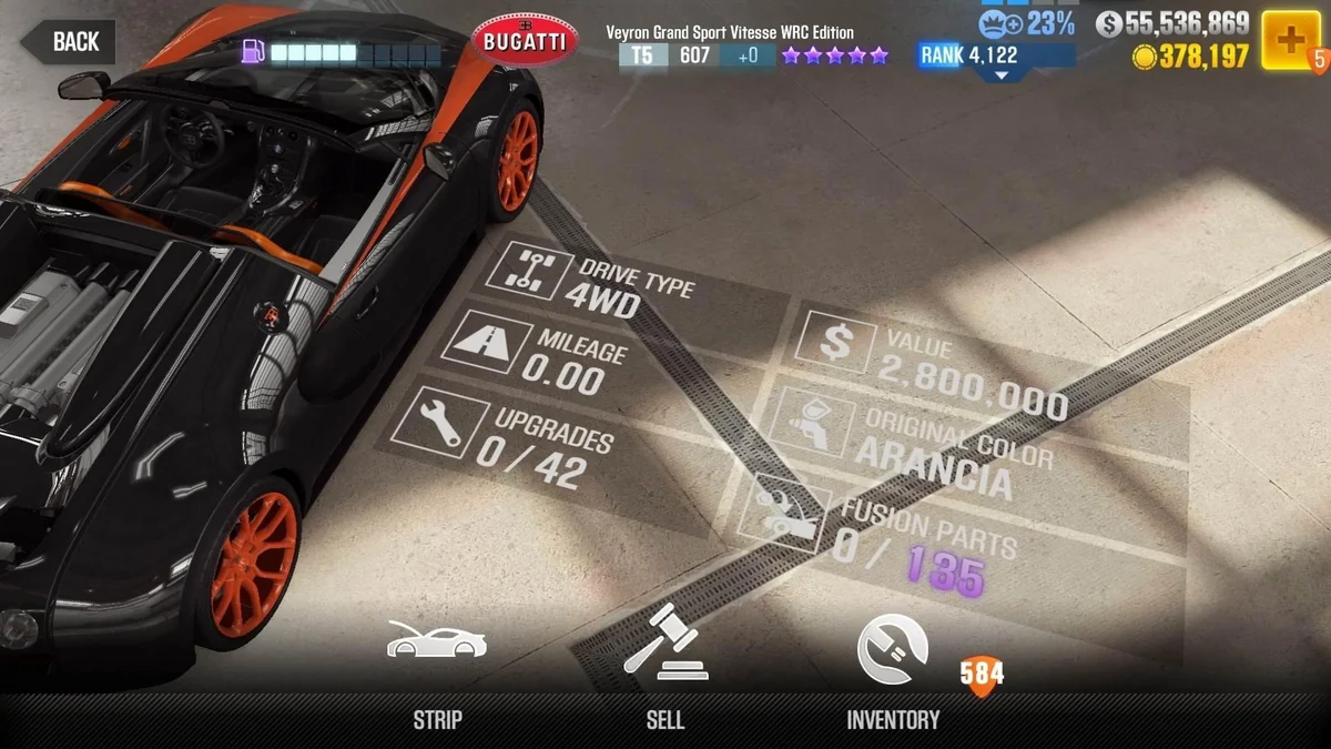 Bugatti Veyron Grand Sport Vitesse WRC Edition CSR2 fusion parts and tune setup