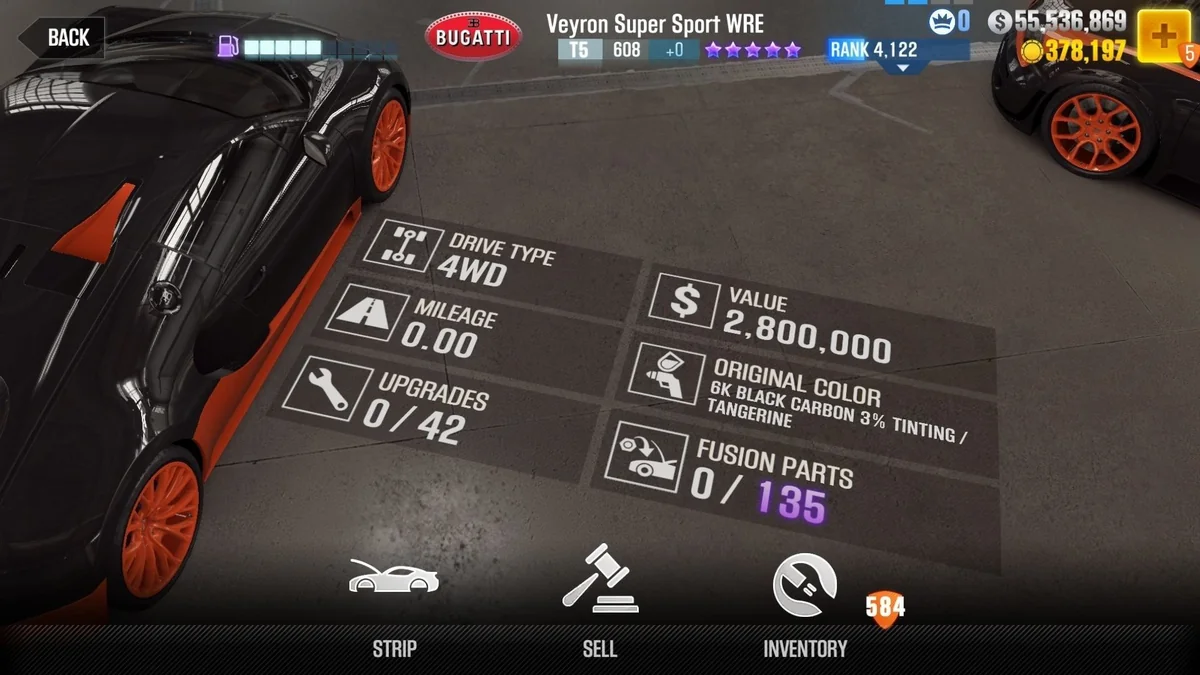 Bugatti Veyron Super Sport WRE CSR2 fusion parts and upgrade breakdown, tier 5 purple star car