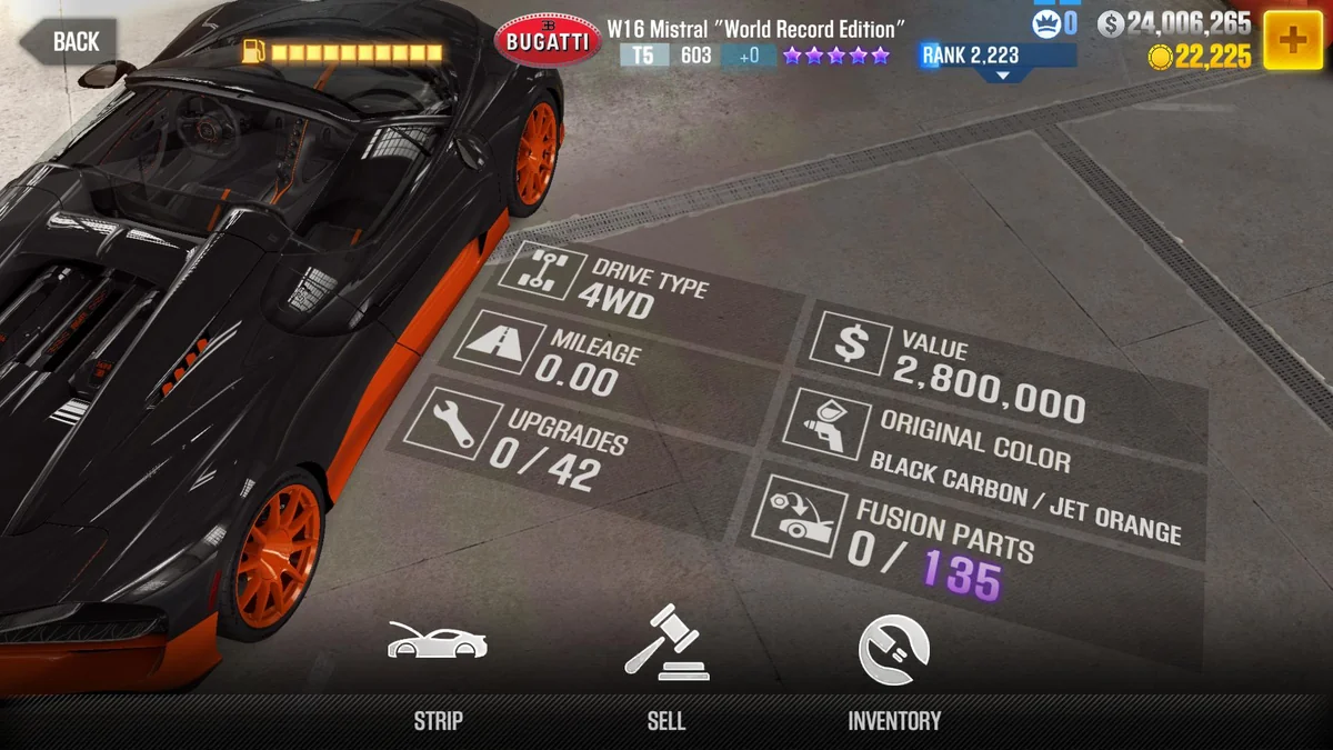 Bugatti W16 Mistral "World Record Edition" CSR2 fusion parts and tune setup