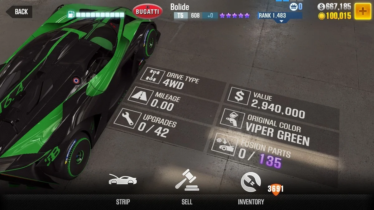 Bugatti Bolide (Green) CSR2 fusion parts and tune setup