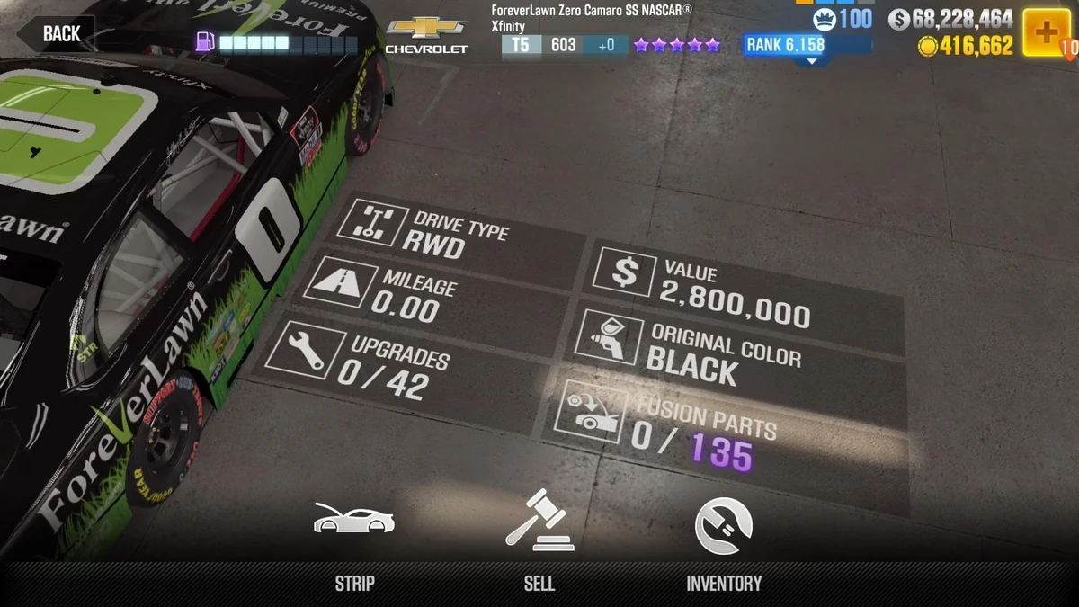 Chevrolet ForeverLawn Zero Camaro SS NASCAR® Xfinity CSR2 fusion parts and upgrade breakdown, tier 5 purple star car