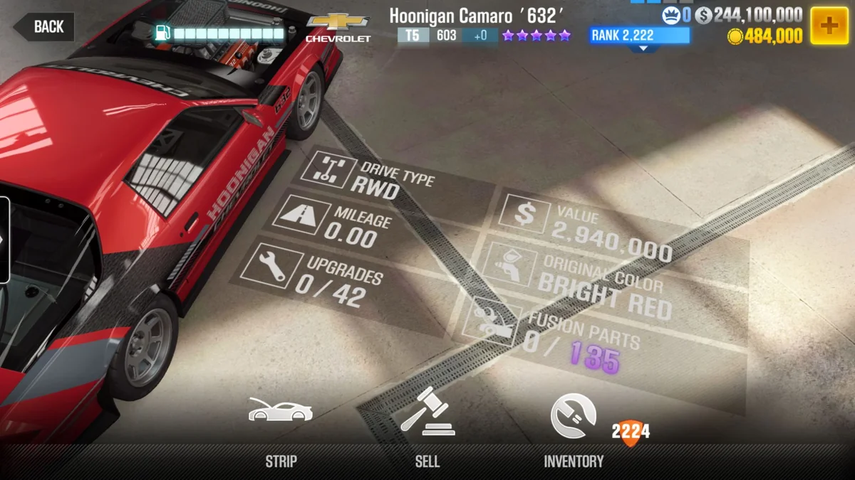 Chevrolet Hoonigan Camaro '632' CSR2 fusion parts and upgrade breakdown, tier 5 purple star car