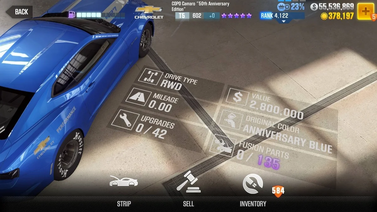 Chevrolet COPO Camaro ''50th Anniversary Edition'' CSR2 fusion parts and upgrade breakdown, tier 5 purple star car