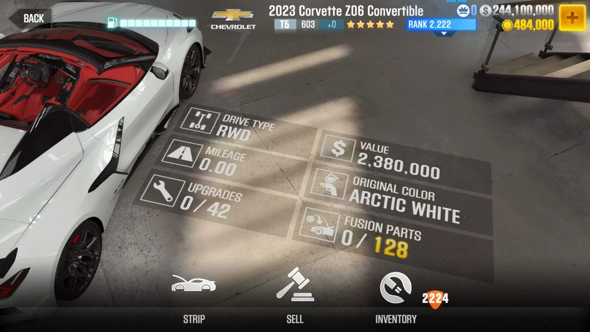 Chevrolet 2023 Corvette Z06 Convertible CSR2 fusion parts and tune setup