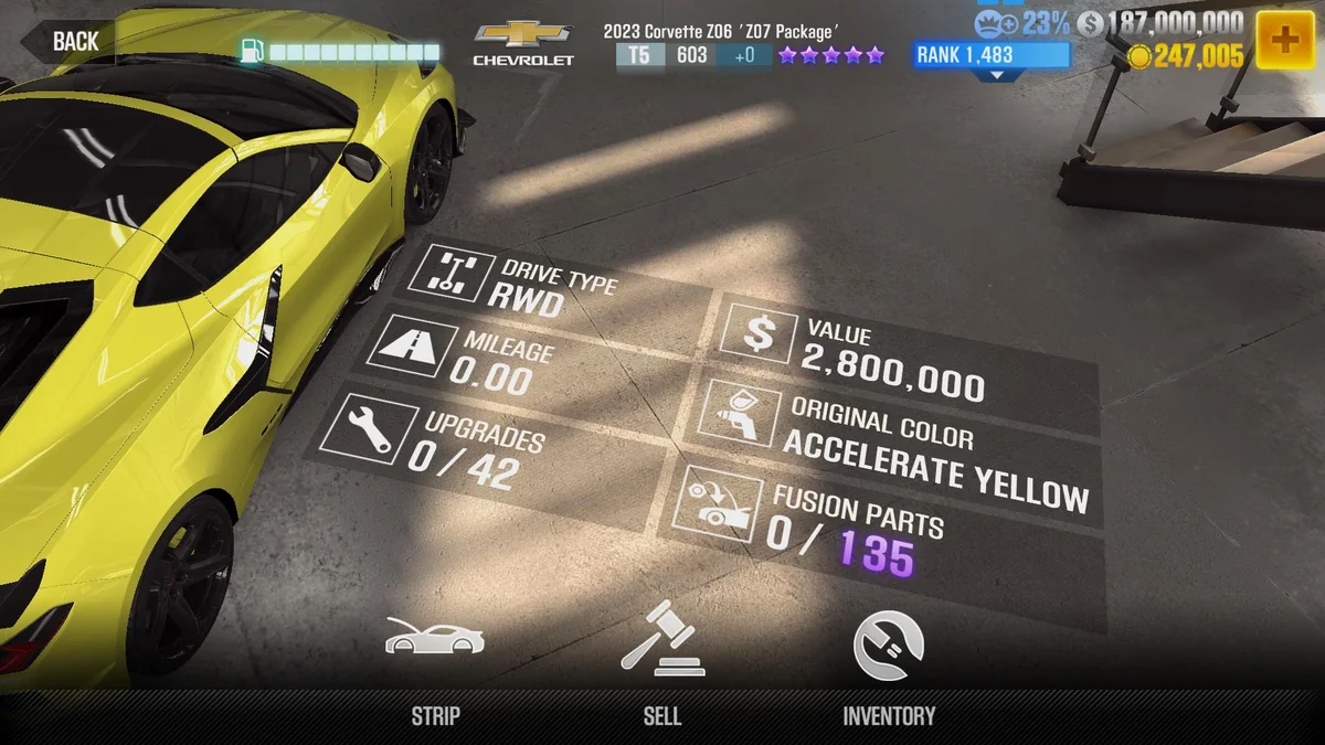Chevrolet 2023 Corvette Z06 'Z07 Package' CSR2 fusion parts and tune setup