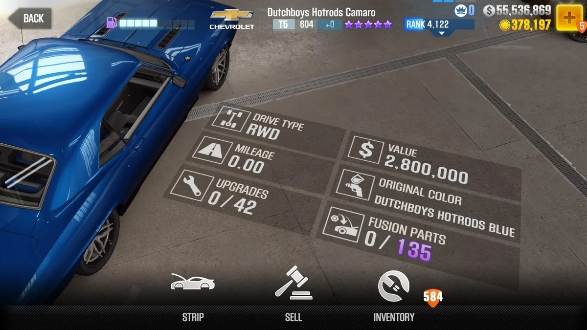 Chevrolet Dutchboys Hotrods Camaro (Blue) CSR2 fusion parts and tune setup