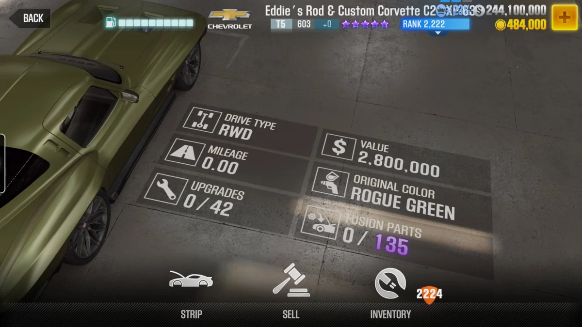 Chevrolet Eddie's Rod & Custom Corvette C2 'XP-63' CSR2 fusion parts and upgrade breakdown, tier 5 purple star car