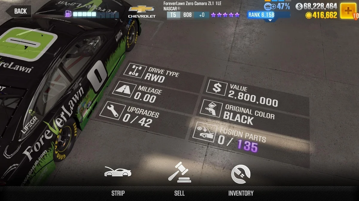 Chevrolet ForeverLawn Zero Camaro ZL1 1LE NASCAR® CSR2 fusion parts and tune setup