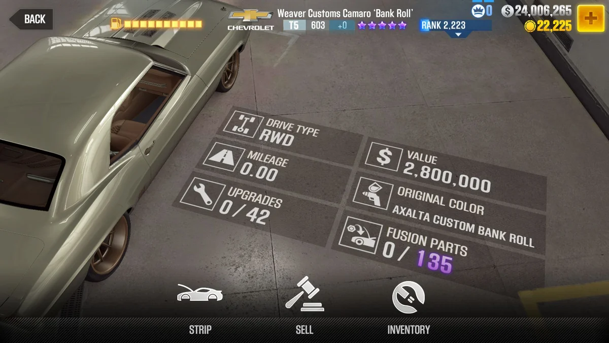 Chevrolet Weaver Customs Camaro ‘Bank Roll’ CSR2 fusion parts and tune setup