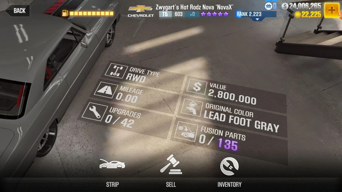Chevrolet Zwygart's Hot Rodz Nova 'NovaX' CSR2 fusion parts and tune setup
