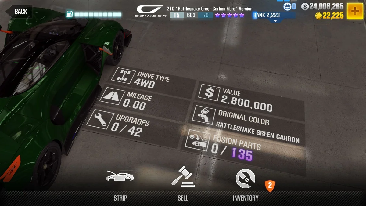 Czinger 21C 'Rattlesnake Green Carbon Fibre' Version CSR2 fusion parts and tune setup