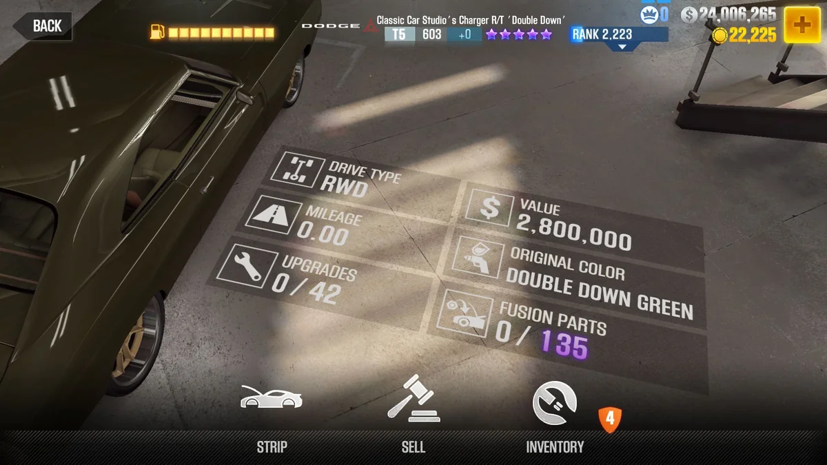 Dodge Classic Car Studio's Charger R/T 'Double Down' CSR2 fusion parts and tune setup