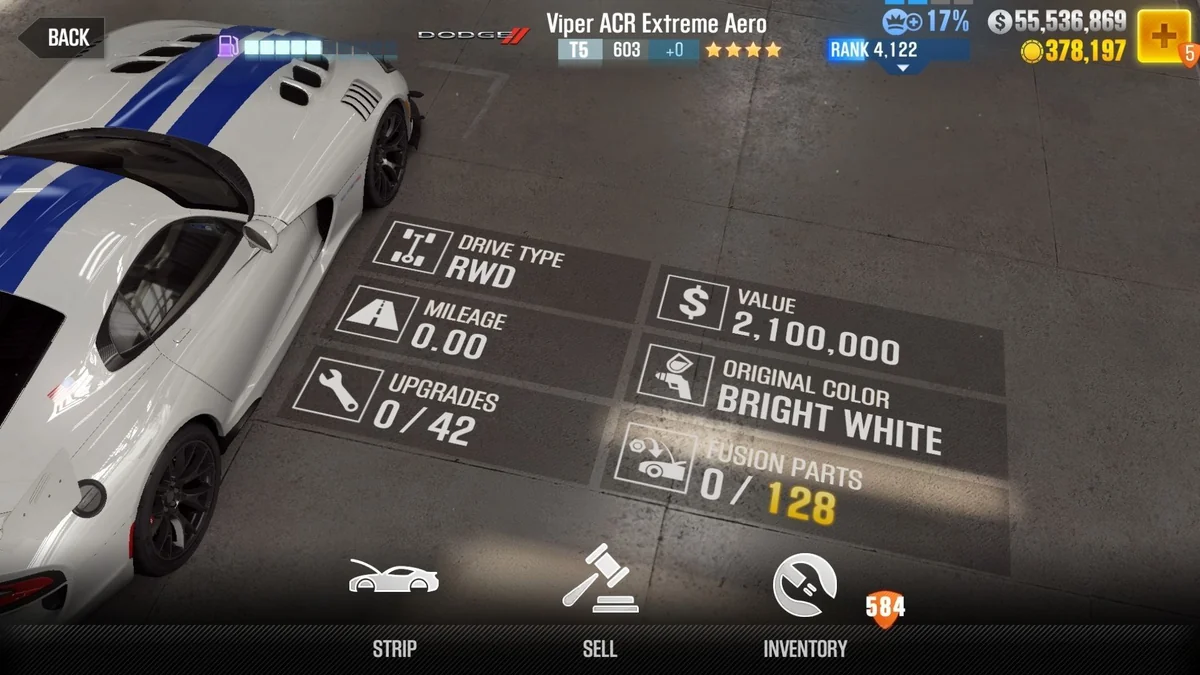 Dodge Viper ACR Extreme Aero CSR2 fusion parts and upgrade breakdown, tier 5 gold star car