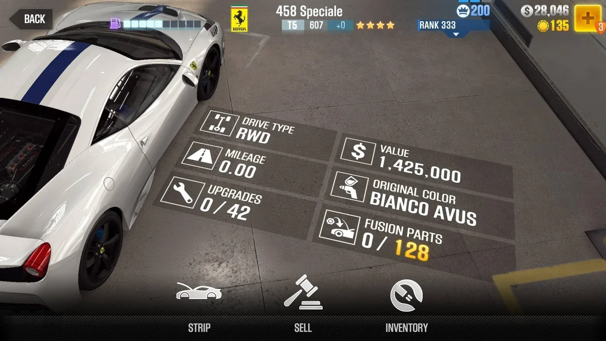 Ferrari 458 Speciale CSR2 fusion parts and upgrade breakdown, tier 5 gold star car
