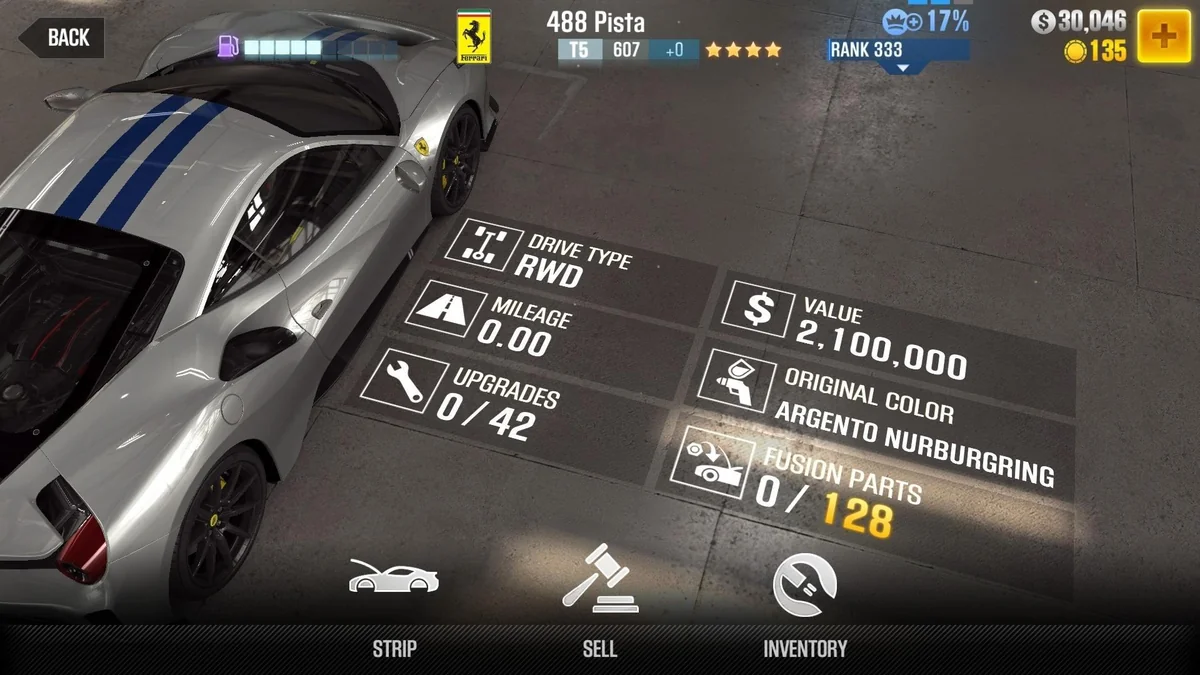 Ferrari 488 Pista CSR2 fusion parts and upgrade breakdown, tier 5 purple star car