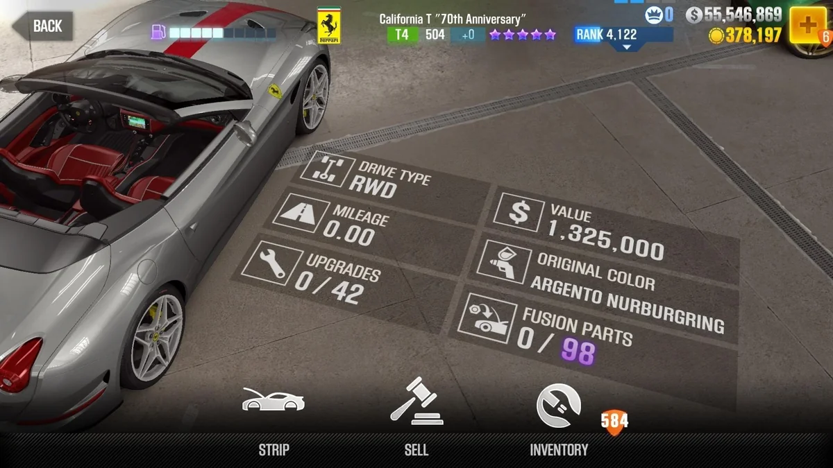 Ferrari California T ''70th Anniversary'' CSR2 fusion parts and upgrade breakdown, tier 4 purple star car