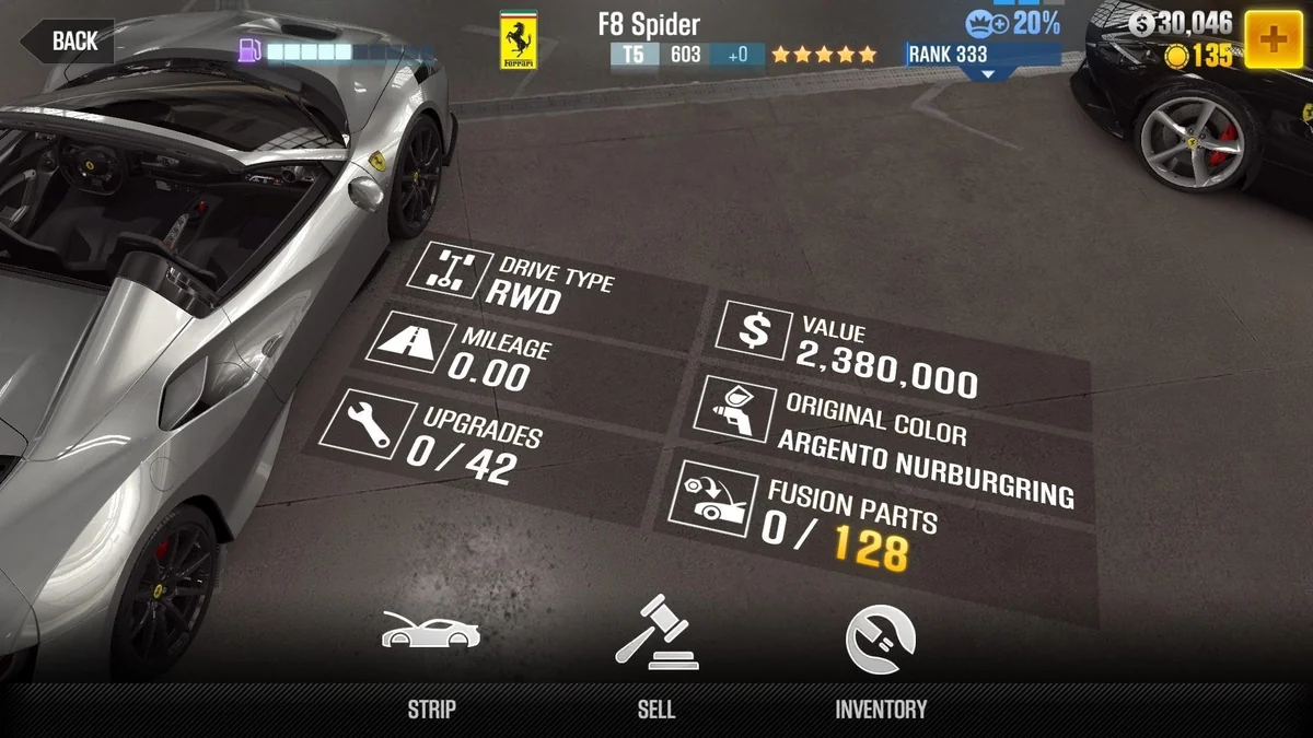 Ferrari F8 Spider CSR2 fusion parts and upgrade breakdown, tier 5 gold star car