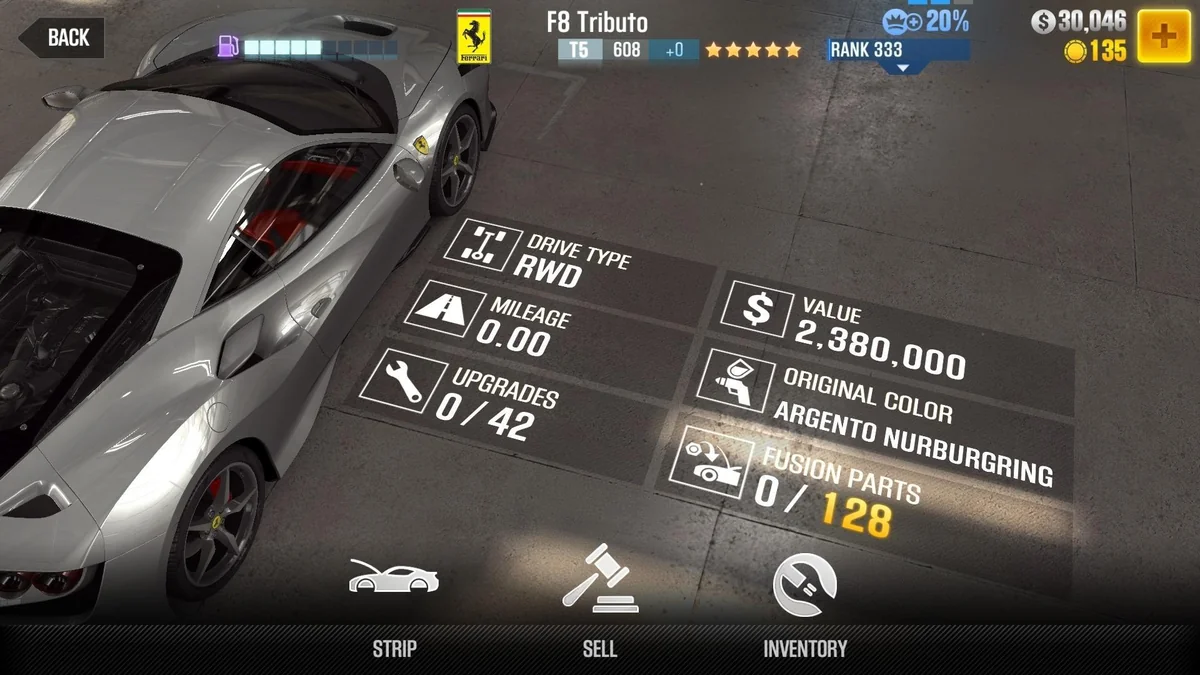 Ferrari F8 Tributo CSR2 fusion parts and upgrade breakdown, tier 5 gold star car