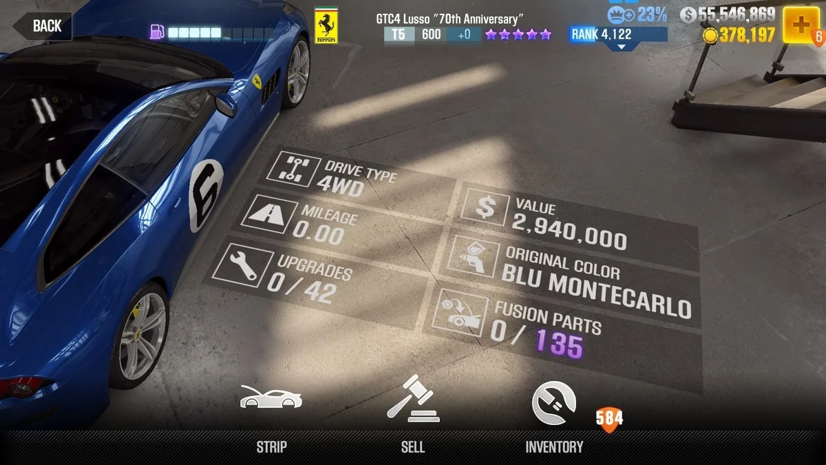 Ferrari GTC4 Lusso ''70th Anniversary'' CSR2 fusion parts and upgrade breakdown, tier 5 purple star car