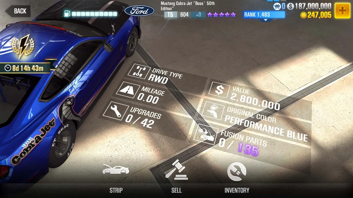 Ford Mustang Cobra Jet ''Boss' 50th Edition'' CSR2 fusion parts and upgrade breakdown, tier 5 purple star car
