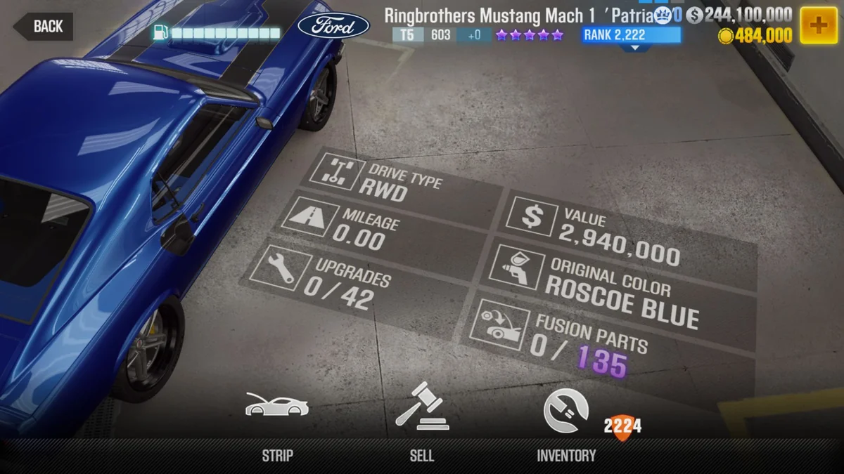 Ford Ringbrothers Mustang Mach 1 'Patriarc' CSR2 fusion parts and upgrade breakdown, tier 5 purple star car