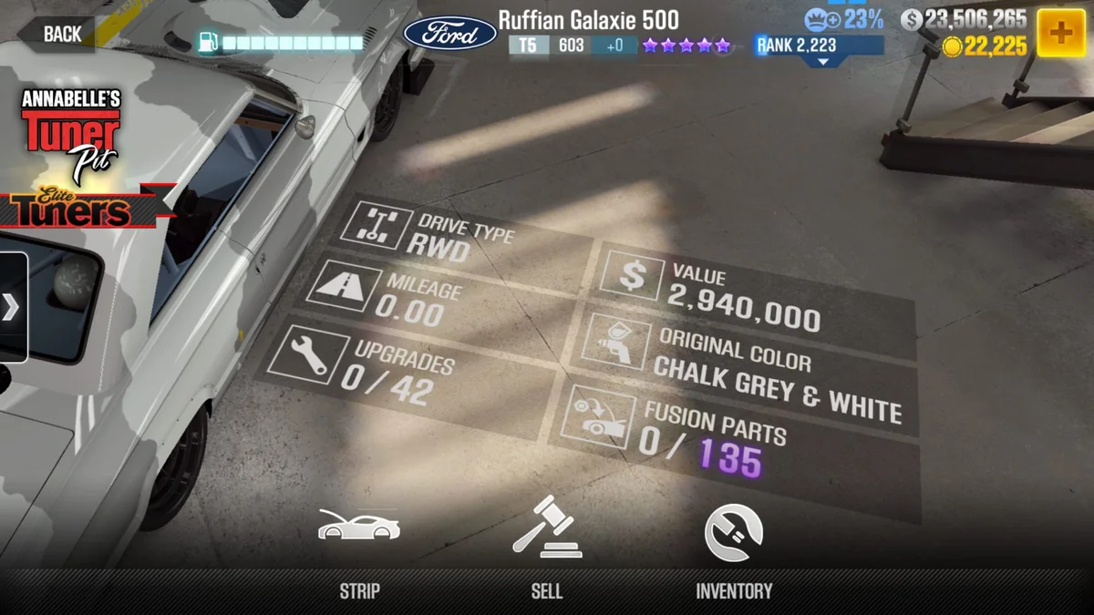 Ford Ruffian Galaxie 500 CSR2 fusion parts and upgrade breakdown, tier 5 purple star car