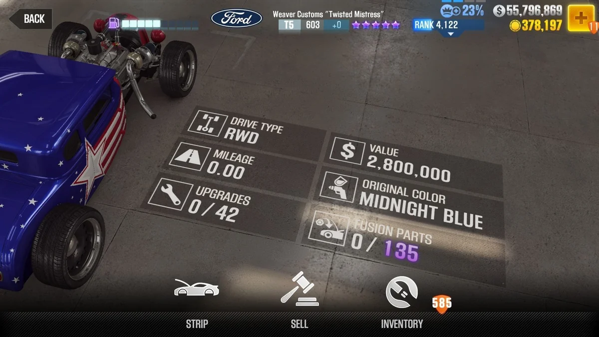 Ford Weaver Customs "Twisted Mistress" (Blue) CSR2 fusion parts and tune setup