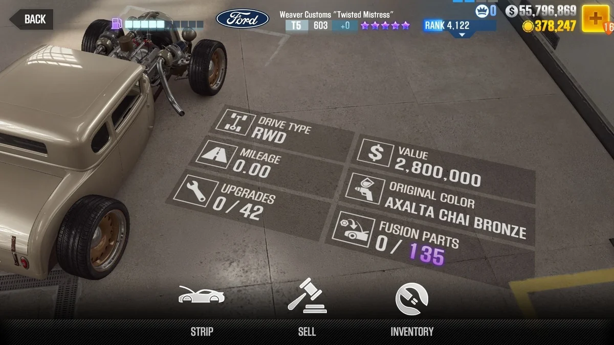Ford Weaver Customs ''Twisted Mistress'' (Bronze) CSR2 fusion parts and upgrade breakdown, tier 5 purple star car