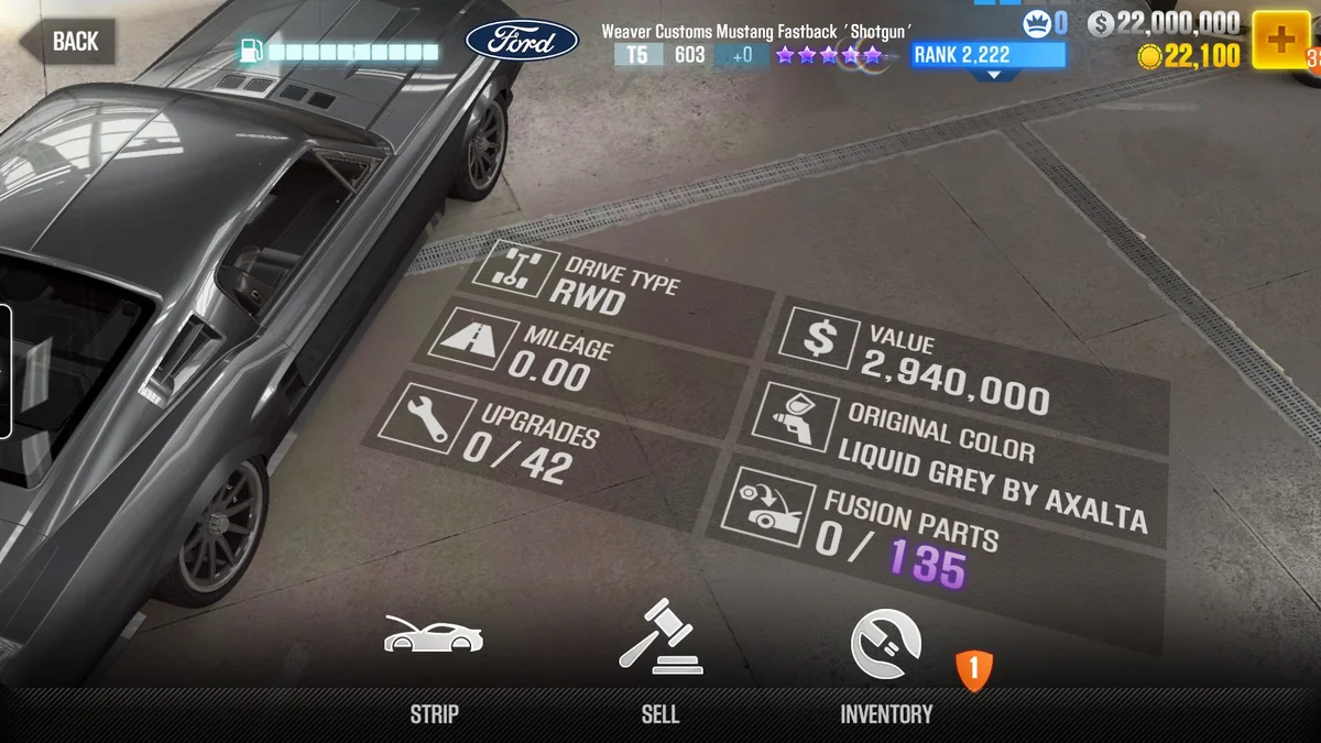 Ford Weaver Customs Mustang Fastback 'Shotgun' CSR2 fusion parts and upgrade breakdown, tier 5 purple star car