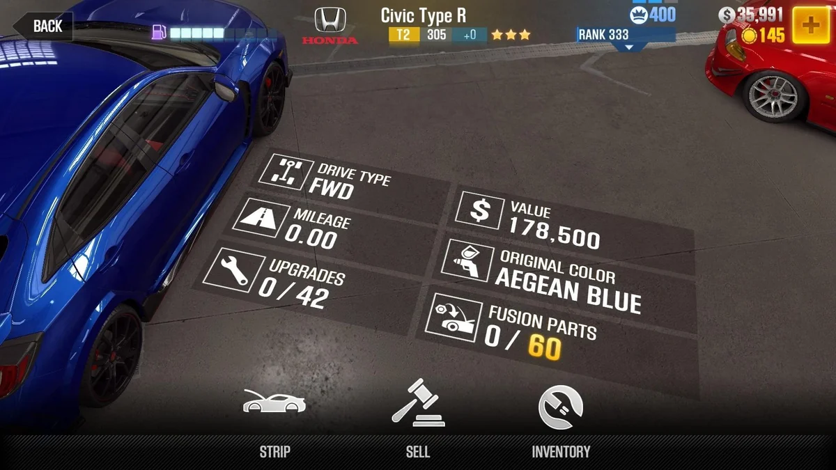 Honda 2017 Civic Type R CSR2 fusion parts and upgrade breakdown, tier 2 gold star car