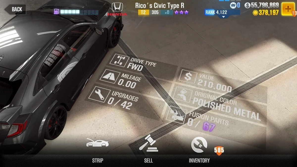 Honda Rico's 2017 Civic Type-R CSR2 fusion parts and tune setup