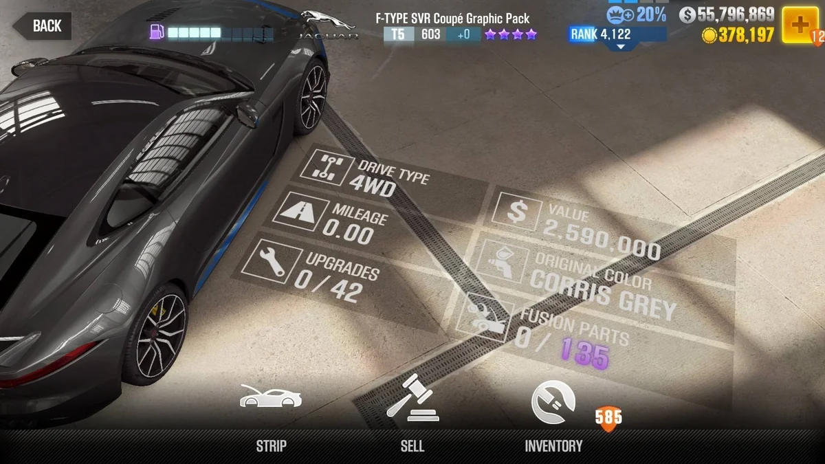 Jaguar F-TYPE SVR Coupe Graphic Pack CSR2 fusion parts and upgrade breakdown, tier 5 purple star car