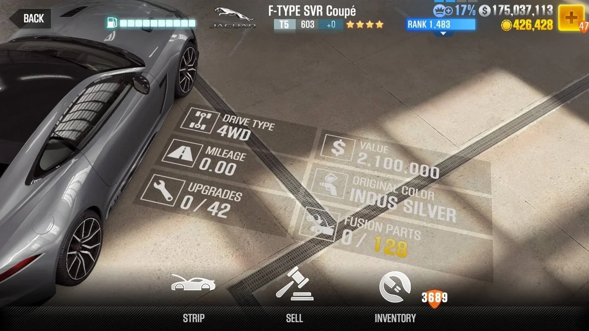 Jaguar F-TYPE SVR Coupe CSR2 fusion parts and upgrade breakdown, tier 5 gold star car