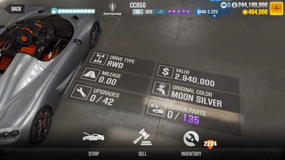 Koenigsegg CC850 CSR2 fusion parts and upgrade breakdown, tier 5 purple star car