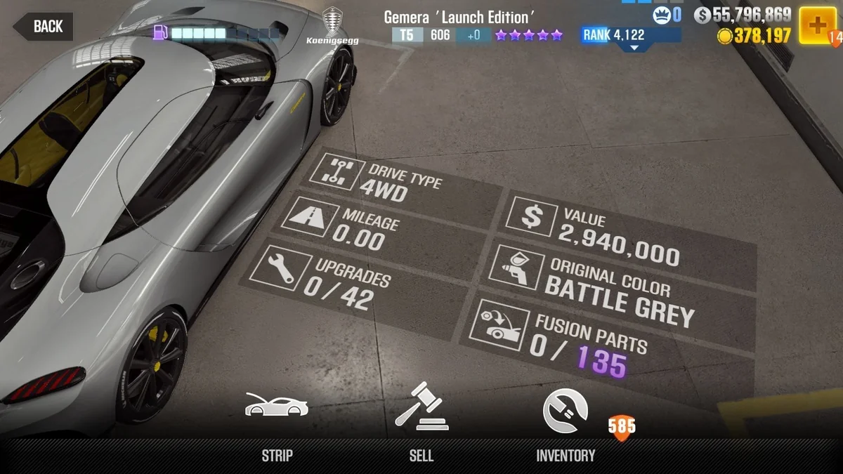 Koenigsegg Gemera 'Launch Edition' CSR2 fusion parts and upgrade breakdown, tier 5 purple star car