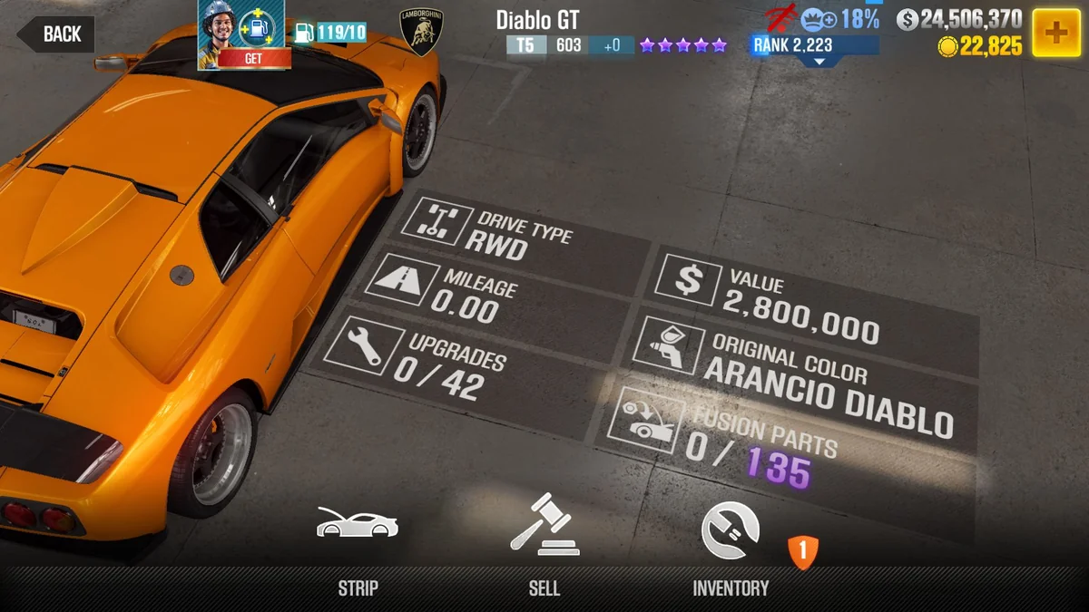 Lamborghini Diablo GT CSR2 fusion parts and tune setup