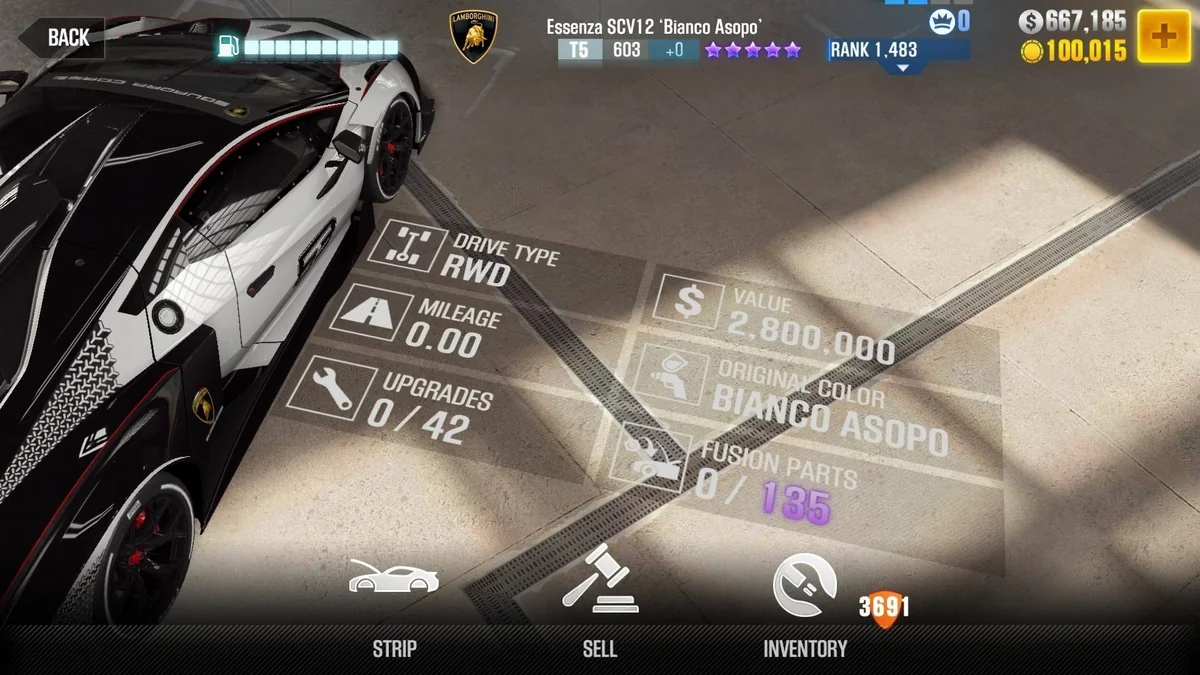 Lamborghini Essenza SCV12 'Bianco Asopo' CSR2 fusion parts and tune setup