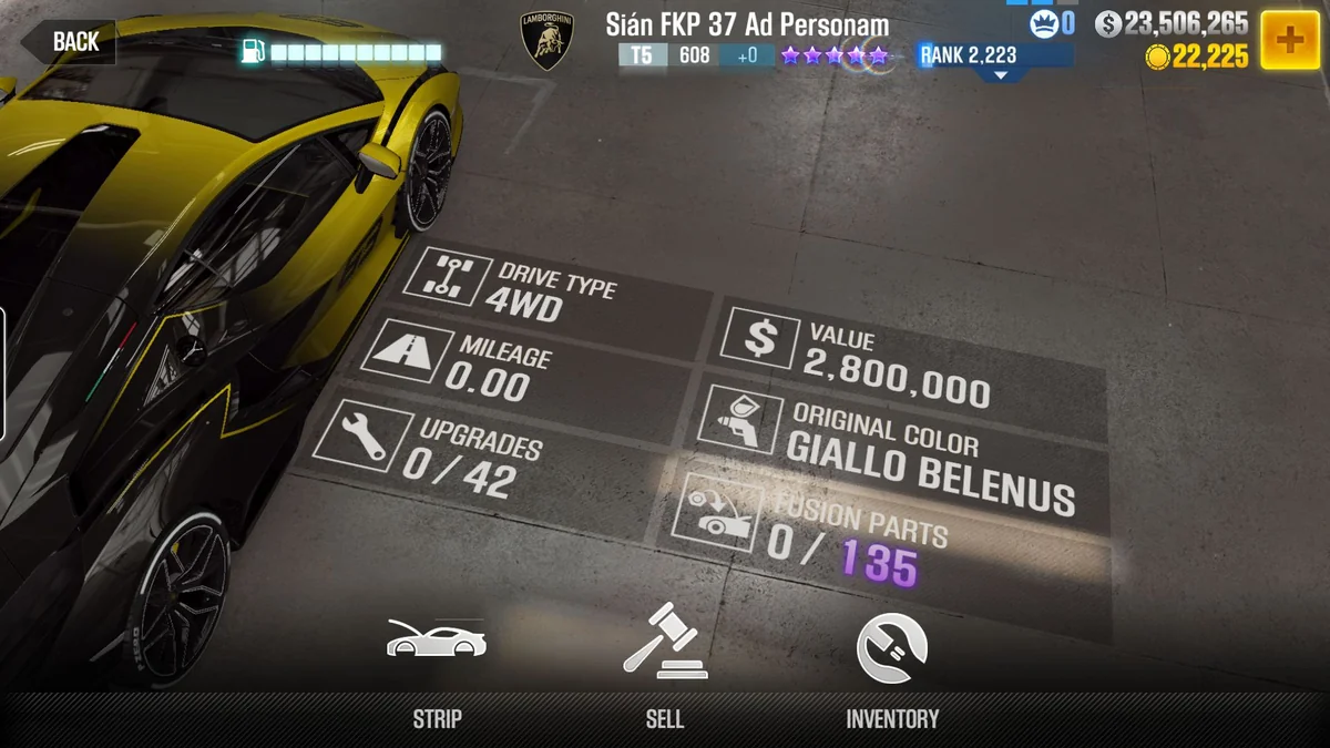 Lamborghini Sián FKP 37 Ad Personam CSR2 fusion parts and upgrade breakdown, tier 5 purple star car