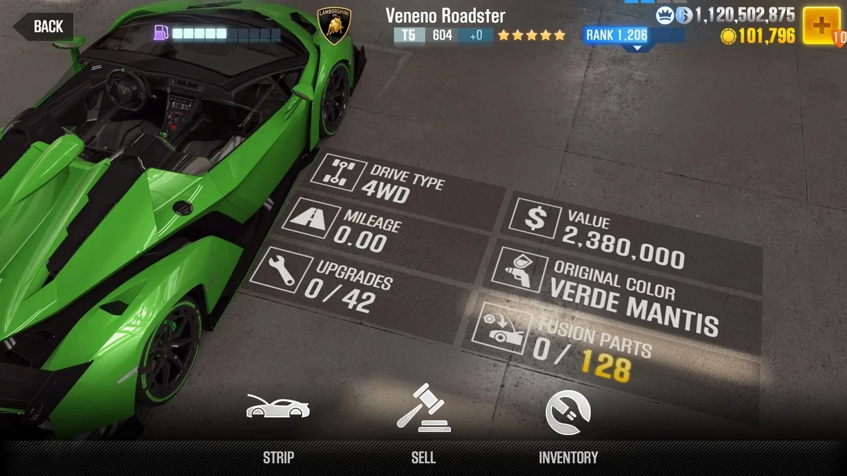 Lamborghini Veneno Roadster CSR2 fusion parts and upgrade breakdown, tier 5 gold star car