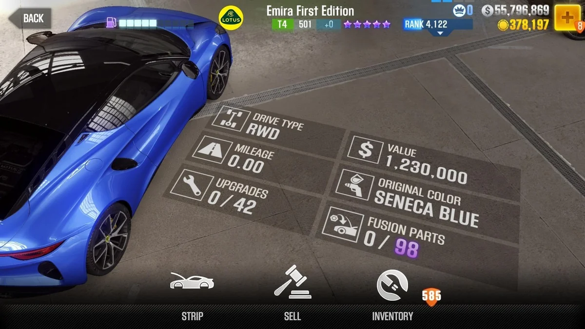 Lotus Emira First Edition CSR2 fusion parts and upgrade breakdown, tier 4 purple star car