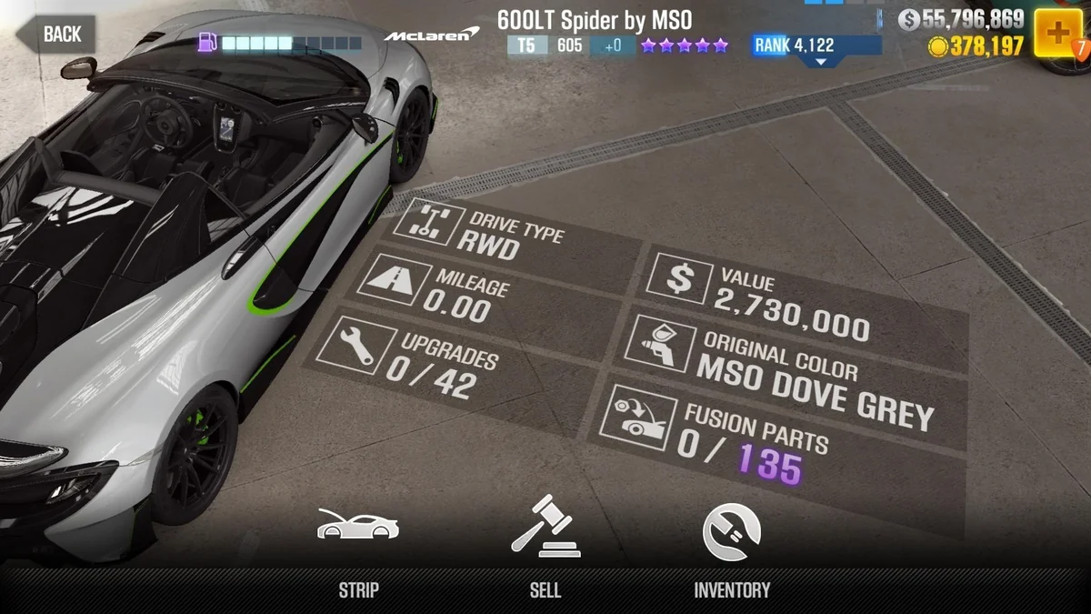 McLaren 600LT Spider by MSO CSR2 fusion parts and upgrade breakdown, tier 5 purple star car