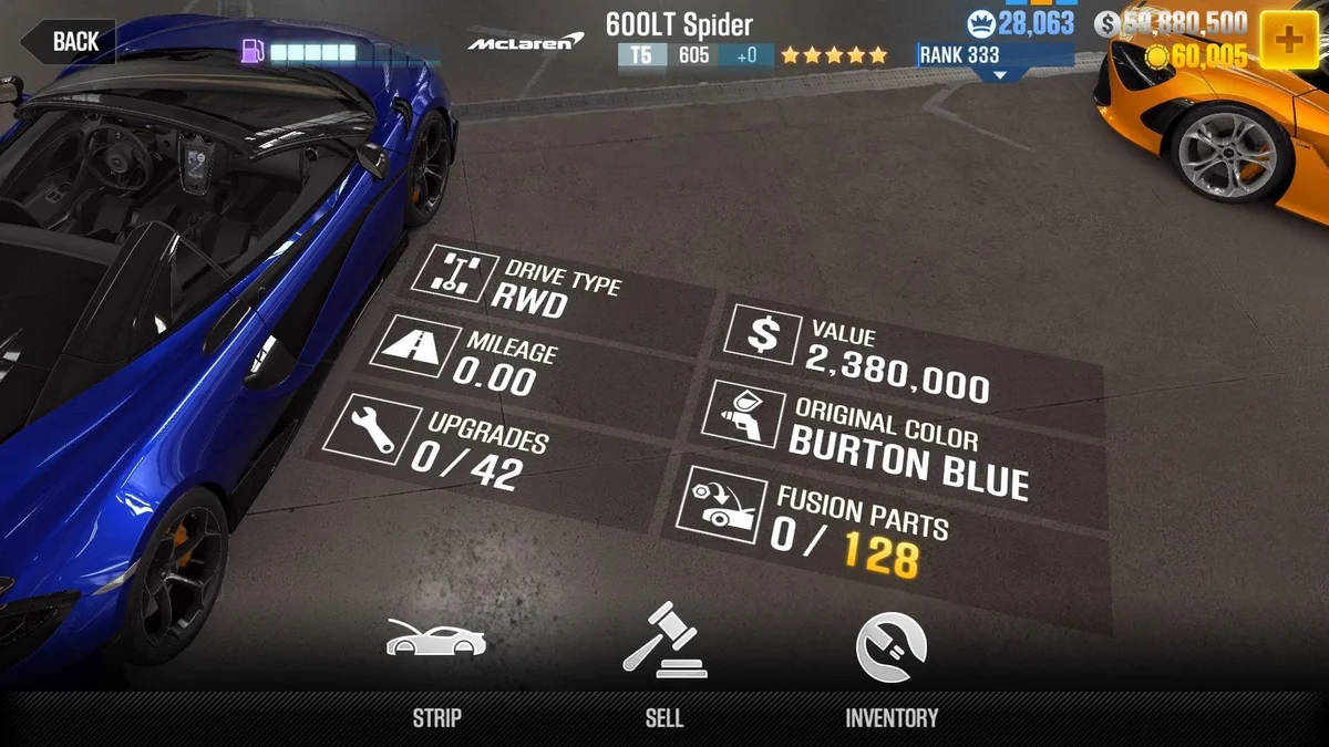 McLaren 600LT Spider CSR2 fusion parts and upgrade breakdown, tier 5 gold star car