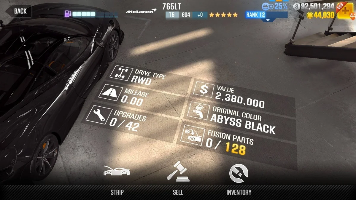 McLaren 765LT Spider CSR2 fusion parts and upgrade breakdown, tier 5 gold star car