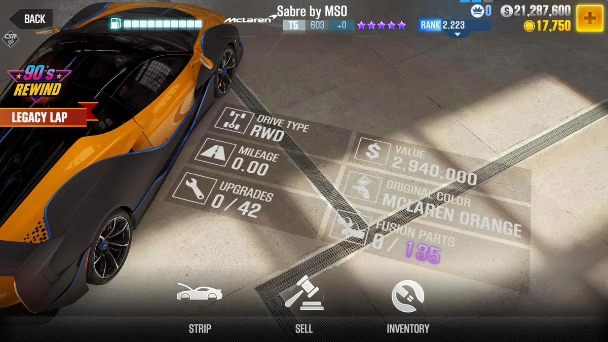 McLaren Sabre by MSO CSR2 fusion parts and upgrade breakdown, tier 5 purple star car