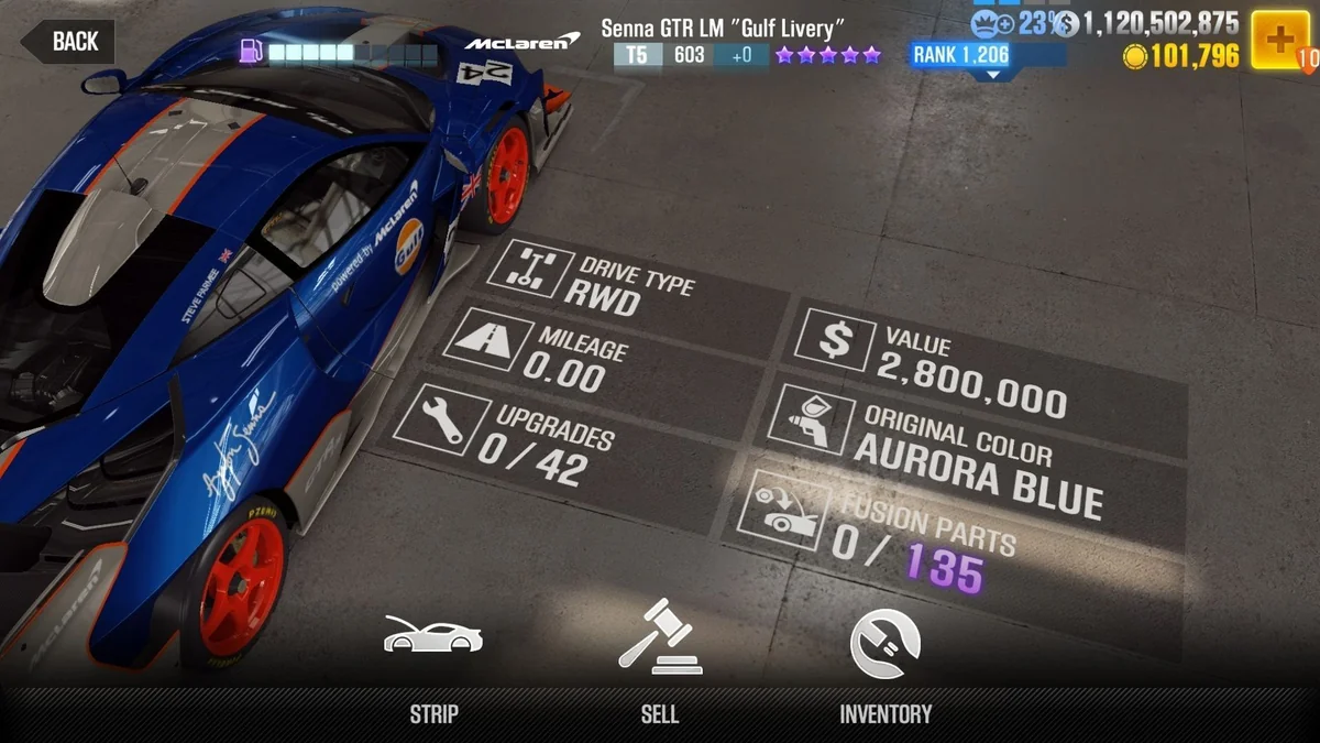 McLaren Senna GTR LM "Gilf Livery" CSR2 fusion parts and tune setup
