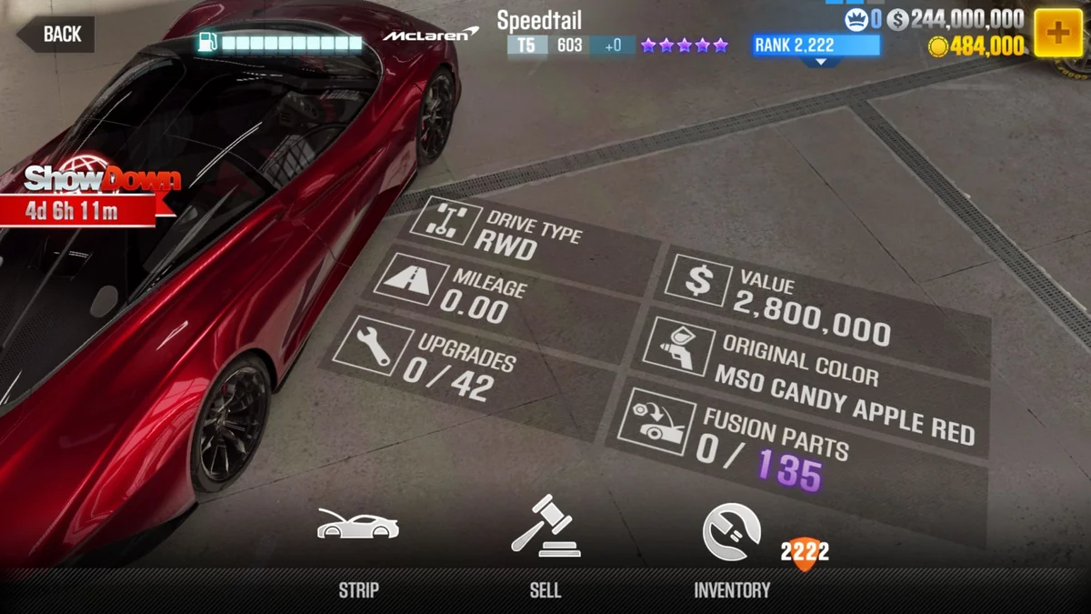 McLaren Speedtail (Red) CSR2 fusion parts and tune setup