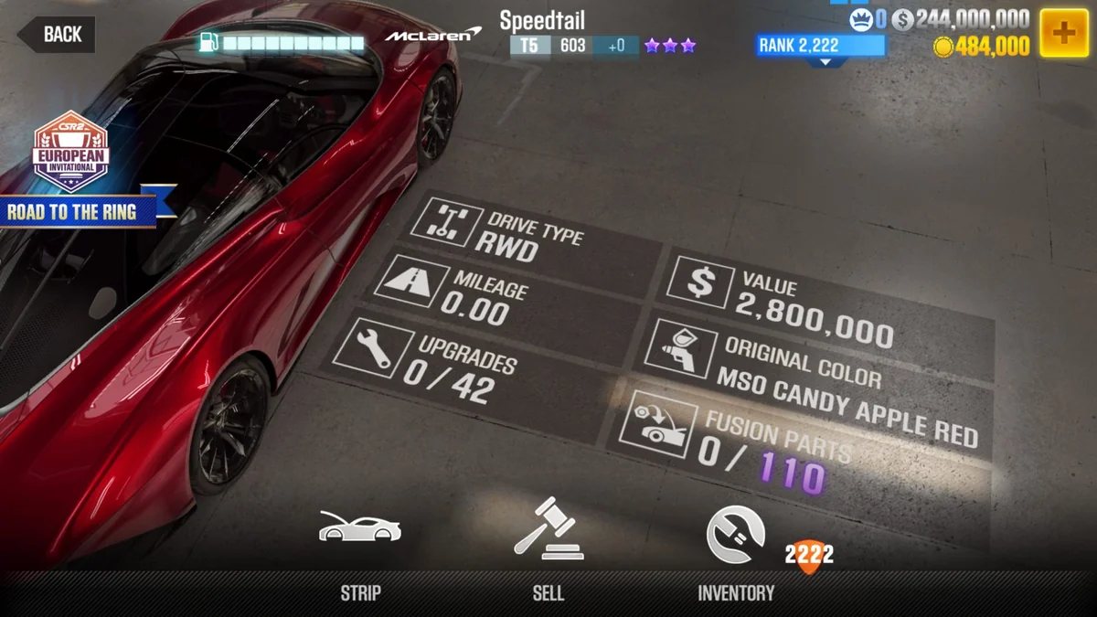 McLaren Speedtail (Red) CSR2 fusion parts and tune setup
