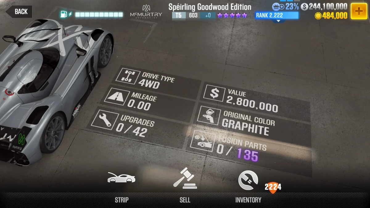 McMurtry Speirling Goodwood Edition CSR2 fusion parts and upgrade breakdown, tier 5 purple star car