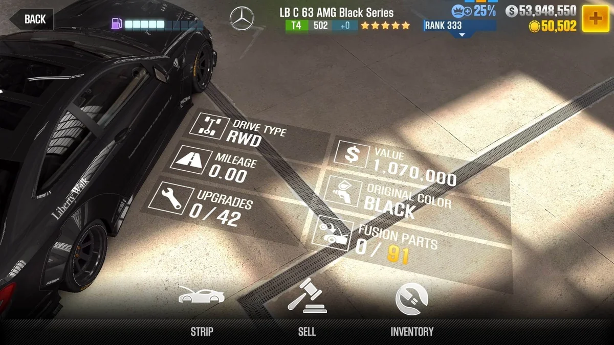 Mercedes-Benz LB C 63 AMG Black Series CSR2 fusion parts and upgrade breakdown, tier 4 gold star car